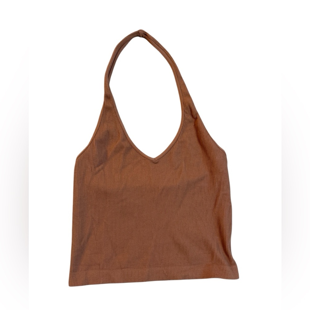 Molly Green Brown Ribbed Stretchy Cropped Halter Top Sz S‎